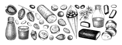 Almond sketches set. Hand drawn vector illustrations. Marzipan paste, nut milk, roasted almond, marzipan in chocolate, nutshells sketches. Healthy food, bakery ingredients, packaging design elements